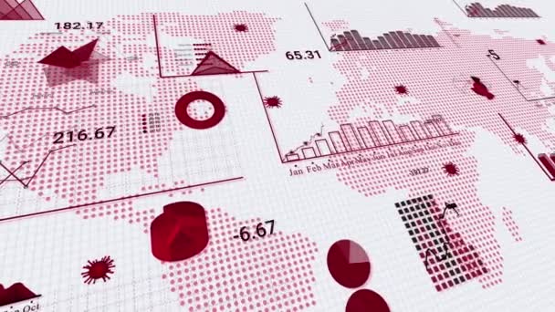 Küresel salgın krizinin kırmızı haritası. Dünya haritasının arka planında rastlantının büyümesinin grafiği. Pandemik virüsün diyagramı, sağlık istatistikleri ve koronavirüs enfeksiyonunun büyümesi. — Stok video