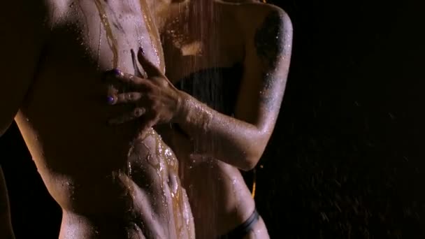 Los cuerpos húmedos de una pareja enamorada bajo los chorros de ducha se acercan. Mujer sexy en lencería negra acaricia eróticamente su torso muscular mans en cámara lenta. — Vídeos de Stock