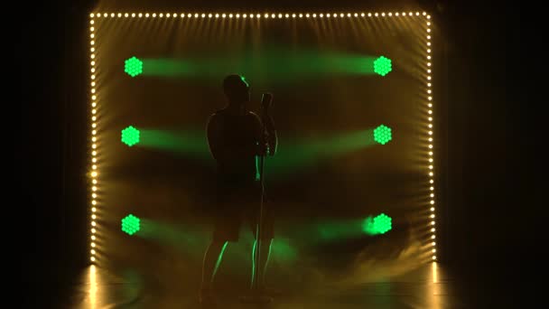 若い男は緑の光を背景に暗いスタジオでレトロなマイクに歌います.スタイリッシュなクールな男がシルエットです。ナイトクラブでのコンサート. — ストック動画