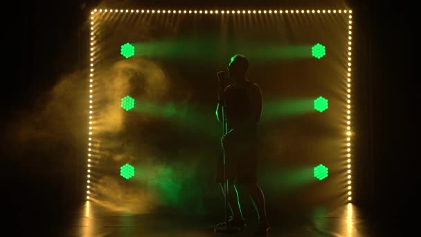 Um cara com uma camiseta escura e shorts canta em um microfone e balança a cabeça dinamicamente. Fundo preto com luzes verdes. Concerto de rock ou performance solo. Silhueta. — Vídeo de Stock