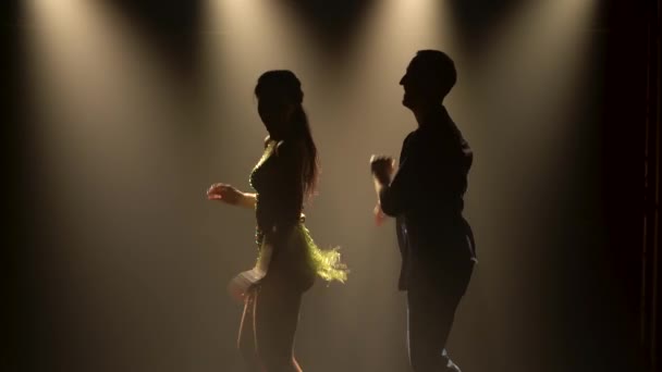 Aktív boldog felnőtt partnerek salsáznak együtt egy sötét füstös stúdióban. Rövid ruhás nők sziluettje és fekete inges férfiak, akik élvezik a táncot. Közelről.. — Stock videók