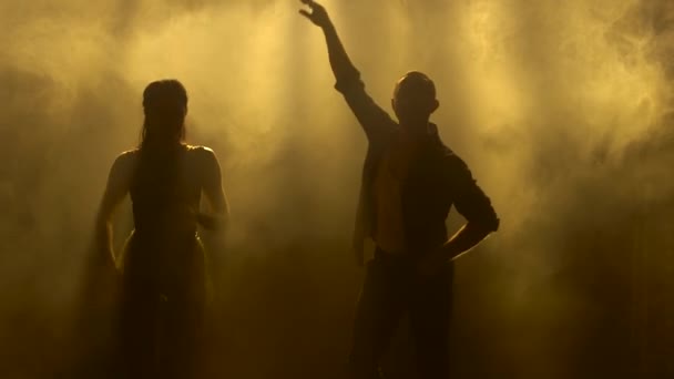 若いダンサーのカップルが黄色のライトに囲まれた情熱的なラテンアメリカのサルサダンスを踊ります。男性と女性のシルエットは、音楽のビートに腰を移動します.閉じろ!. — ストック動画