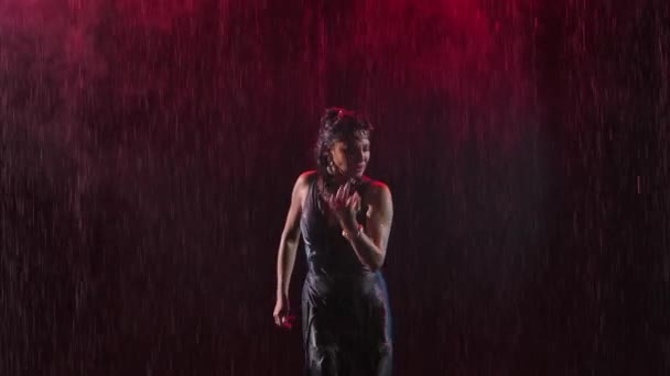 フラメンコ。情熱的な濡れた女性が雨の中で燃えるようなスペイン舞踊を踊ります。後ろからの光。深紅の光に照らされたスモーキーな黒の背景。スローモーションで閉じます. — ストック動画