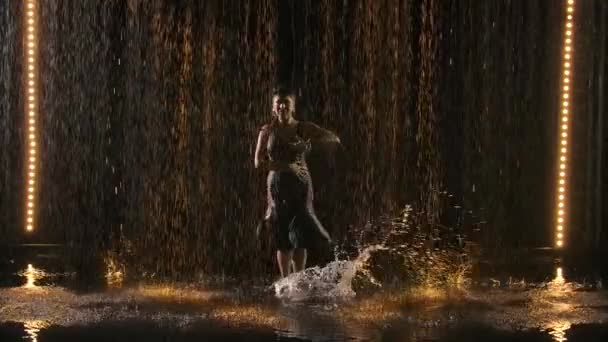 Silhueta de uma mulher atraente em um vestido molhado apertado desfrutando de uma dança de flamenco na chuva. Fundo preto com luz amarela do estúdio. Movimento lento. — Vídeo de Stock