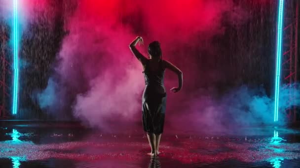 Захоплива вистава іспанського фламенко під час дощу. Приваблива молода жінка танцює на поверхні води і створює багато бризок. Силует. Повільний рух. — стокове відео
