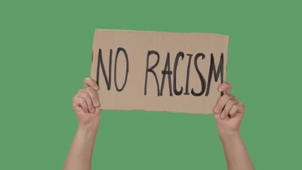 Kadın eller karton bir kutudan üzerinde RACISM 'e Hayır yazan bir poster tutuyor. Irkçılığa ve polis zulmüne karşı protesto. Yeşil ekran, krom anahtar. Kapatın. Yavaş çekim. — Stok video