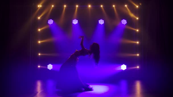 Silhouettes of a woman in exotic costume performs a belly dance moves semi nude body. Shot in a dark studio with smoke and blue neon lighting. Slow motion.