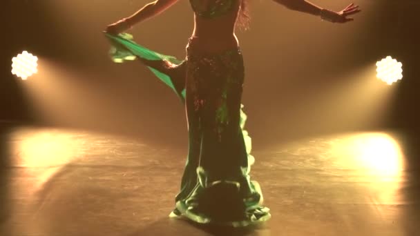 Torse gracieux d'une jeune danseuse du ventre en costume oriental brillant. Fille tourbillonne dans une danse et déplacer vos hanches. Tourné dans un studio sombre avec de la fumée et un éclairage au néon. Ferme là. Mouvement lent. — Video