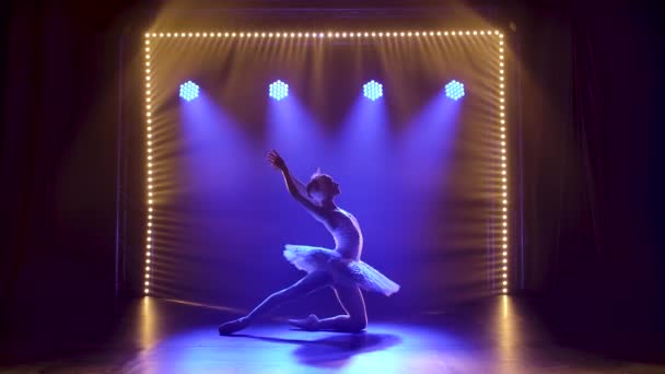 Klassische Ballettchoreographie, dargeboten von einer jungen, anmutigen Ballerina in weißem Tutu. Silhouette einer schönen schlanken Figur. — Stockvideo