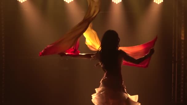 Female belly dancer in a white oriental costume dancing silk fan tissues. Shot in a dark studio with smoke and neon lighting. Silhouettes of a slender flexible body. Close up. Slow motion. — Stock Video