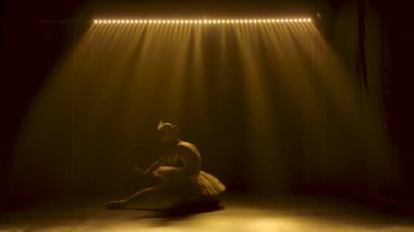 Beyaz kuğu dansı yapan zarif balerin. Klasik bale öğeleri dansı. Güzel, ince bir siluetin silueti. Dumanlı ve sarı neon ışıklı karanlık bir stüdyoda çekildi. Yavaş çekim.