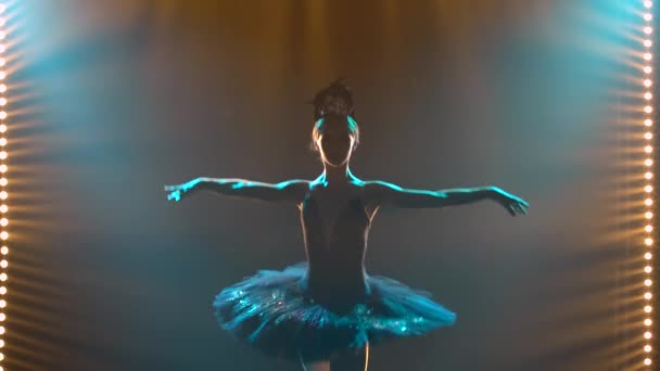 Silhouette einer anmutigen Ballerina im schicken Bild eines schwarzen Schwans. Tanz der Elemente des klassischen Balletts. Gedreht in einem dunklen Studio mit Rauch und magischer Neonbeleuchtung. — Stockvideo