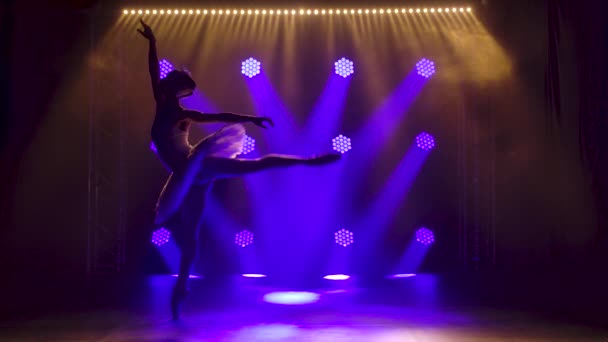Klasik bale koreografisi, beyaz etekli genç zarif balerin tarafından sahneleniyor. Güzel, ince bir siluetin silueti. Yavaş çekim. — Stok video