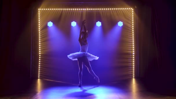 Klassisk balettkoreografi fulländad av ung vacker graciös ballerina i vit tutu. Silhuett av en vacker smal figur. Långsamma rörelser. — Stockvideo