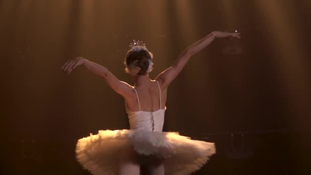 Anmutige Ballerina im schicken Bild eines weißen Schwans. Junge schöne Mädchen in einem weißen Tutu mit Pailletten und einer Krone. Klassischer Ballettpas. Gedreht in einem dunklen Studio mit Rauch und Neonlicht. Zeitlupe. — Stockvideo