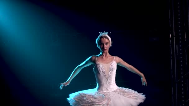 Graceful ballerina in a chic image of a white swan. Young beautiful girl in a white tutu with sequins and a crown. Classic ballet pas. Shot in a dark studio with smoke and neon lighting. Slow motion. — Stock Video