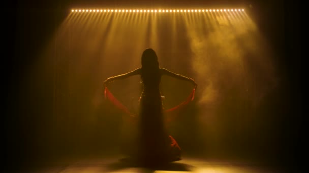 Silhuetas de uma mulher em traje exótico executa uma dança do ventre se move corpo semi-nu. Filmado em um estúdio escuro com fumaça e iluminação de néon amarelo. Movimento lento. — Vídeo de Stock