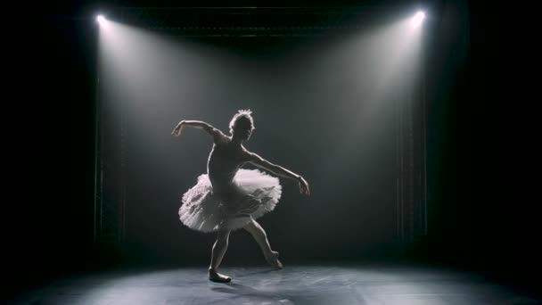 Ballet classique chorégraphie parfumée par jeune belle ballerine gracieuse en tutu blanc. Silhouette d'une silhouette mince. Tourné dans l'obscurité sur fond de projecteurs du studio. Mouvement lent. — Video