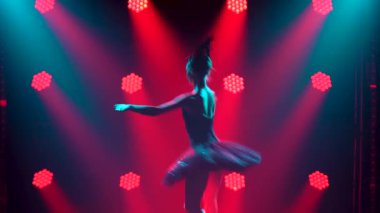 Siyah bir kuğu görünümünde zarif bir balerin. Klasik bale öğeleri dansı. Duman ve kırmızı neon ışıkla karanlık bir stüdyoda çekildi..