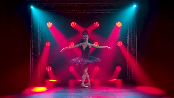 Kecses balerina egy fekete hattyú elegáns képében. Elemek tánca klasszikus balett. Egy sötét stúdióban lőtték le füsttel és vörös neon világítással. Lassú mozgás.. — Stock videók