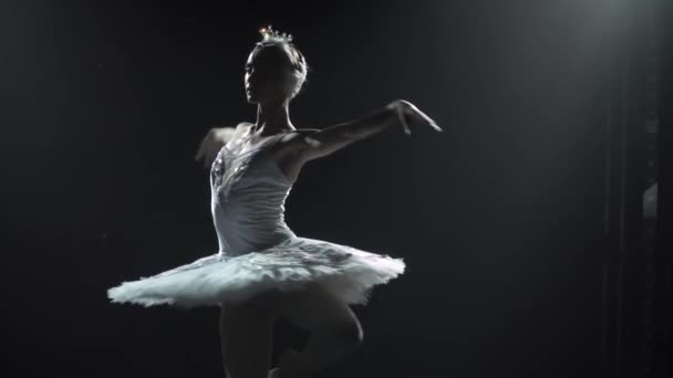 Klassische Ballettchoreographie, dargeboten von einer jungen, anmutigen Ballerina in weißem Tutu. Silhouette einer schlanken Figur. Gedreht in der Dunkelheit auf Scheinwerferhintergrund des Studios. Zeitlupe. — Stockvideo