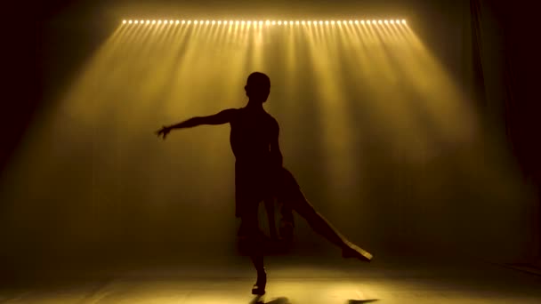Professionelle Ballerina tanzt Ballett im Scheinwerferlicht und raucht auf der Bühne. Silhouette einer schönen schlanken Figur. — Stockvideo