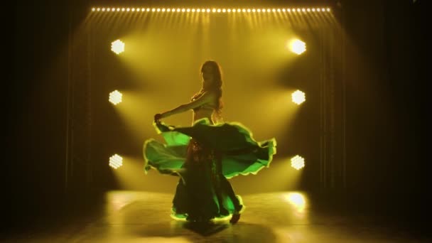 Schöne Bauchtänzerin führt klassische Bewegungen des orientalischen Tanzes auf. Halbnacktheit der Silhouette. Gedreht in einem dunklen Studio mit Rauch und Neonlicht. Zeitlupe. — Stockvideo