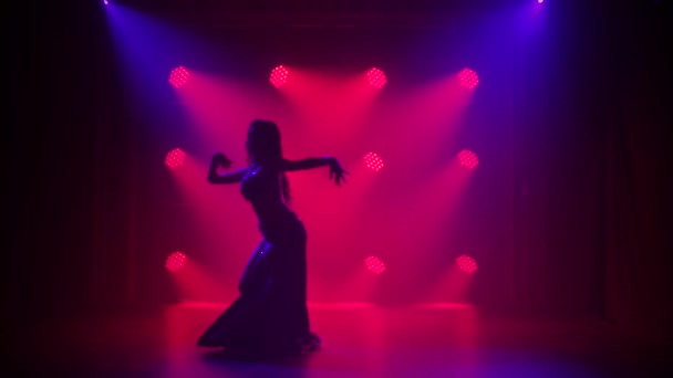 Chica elegante bailarina del vientre realiza movimientos clásicos de la danza oriental. Semidesnudo de silueta. Grabado en un estudio oscuro con humo e iluminación de neón rojo. Movimiento lento. — Vídeo de stock