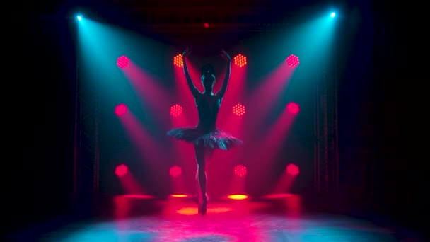 Sylwetka pełnej wdzięku baleriny w eleganckim obrazie czarnego łabędzia. Taniec elementów klasycznego baletu. Kręcony w ciemnym studiu z dymem i czerwonym neonem. Zwolniony ruch. — Wideo stockowe