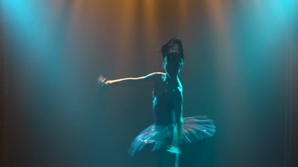 Σιλουέτα μιας χαριτωμένης μπαλαρίνας σε μια κομψή εικόνα ενός μαύρου κύκνου. Χορεύοντας στοιχεία κλασικού μπαλέτου. Πυροβολήθηκε σε σκοτεινό στούντιο με καπνό και μαγικό φωτισμό νέον. — Αρχείο Βίντεο