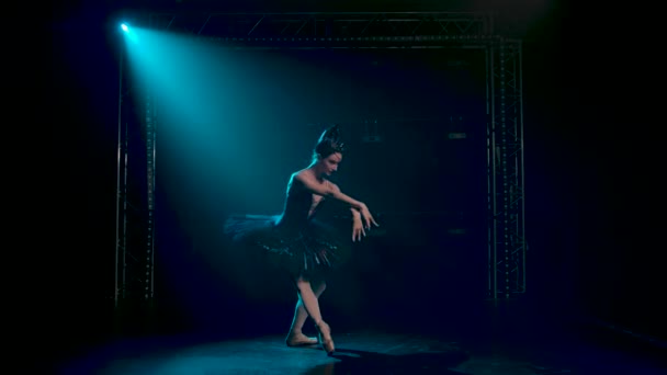 Klassische Ballettchoreographie, dargeboten von einer jungen, anmutigen Ballerina in schwarzem Tutu. Dunkler Schwan in der Performance der Künstlerin. Gedreht im Dunkeln auf Scheinwerferhintergrund des Studios. — Stockvideo
