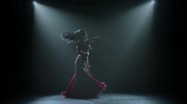 Genç bayan dansçı kalçalarını sallıyor. Duman ve neon ışıkla karanlık bir stüdyoda çekildi. İnce, esnek bir vücudun siluetleri. Yavaş çekim.