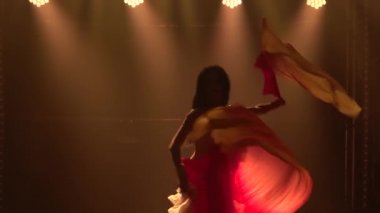 Beyaz doğulu kostümlü, ipek fan dokularıyla dans eden kadın dansçı. Duman ve neon ışıkla karanlık bir stüdyoda çekildi. İnce, esnek bir vücudun siluetleri. Kapatın. Yavaş çekim.