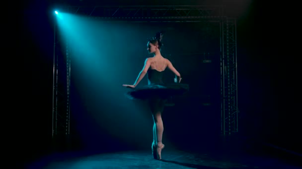 Půvabná baletka v elegantním obrazu černé labutě. Klasická choreografie baletu. Natočeno v tmavém studiu s kouřem a neonovým osvětlením. Zpomalený pohyb. — Stock video