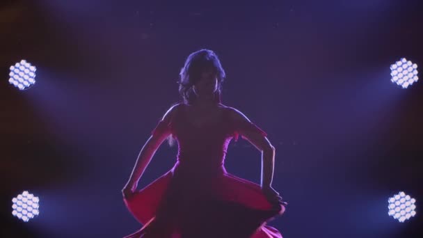 Eine Tänzerin im schicken roten Kleid tanzt Elemente des hetzerischen Tanzes des argentinischen Flamenco. Die Frau tanzt auf schwarzem Grund in den Strahlen lila Lichter. Silhouette. Zeitlupe, Nahaufnahme. — Stockvideo
