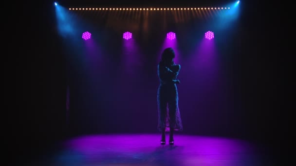 紫のライトのある暗いスタジオでのスペインのフラメンコダンスの情熱的なパフォーマンス。魅力的な若い女性が情熱的に踊り、踊りを楽しんでいます。シルエット。スローモーション. — ストック動画
