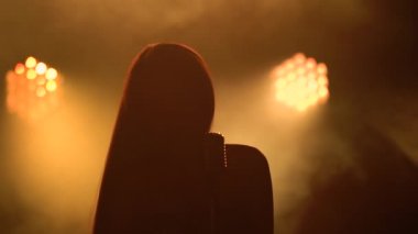 Bir pop vokalisti karanlıkta sahnede şarkı söyler, ışıklarla aydınlatılır. Klasik bir mikrofona canlı bir konserde şarkı söyleyen bir kadının koyu renk silueti. Dumanlı bir arka plan. Kapat..