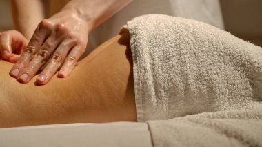 Spa salonunda sırt masajı. Yetenekli ellerle ve yumuşak havlularla masaj yapmanın rahatlatıcı etkisini hisset..