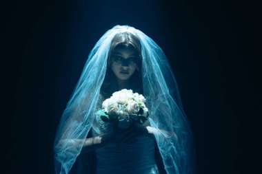 Karanlık bir sahnede tüyler ürpertici mavi bir ışık tarafından aydınlatılan şeffaf bir duvakla kaplanmış ölü bir gelin figürünün yer aldığı ürkütücü bir Cadılar Bayramı sahnesi. Hayalet gelin elinde bir buket tutuyor..