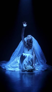 Karanlık bir sahnede tüyler ürpertici mavi bir ışık tarafından aydınlatılan şeffaf bir duvakla kaplı ölü bir gelin figürünün olduğu ürkütücü bir Cadılar Bayramı sahnesi. Hayalet gelin ışık huzmesine uzanıyor..