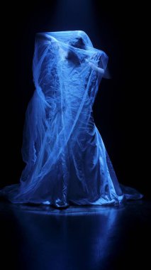 Karanlık bir sahnede tüyler ürpertici bir Cadılar Bayramı sahnesi, şeffaf bir duvakla kaplanmış ölü bir gelin figürü, ürkütücü bir mavi ışıkla aydınlatılmış. Hayalet gelin korku, gizem ve doğaüstü bir atmosferi temsil ediyor..