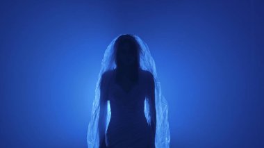 Karanlık bir sahnede tüyler ürpertici bir Cadılar Bayramı sahnesi, şeffaf bir duvakla kaplanmış ölü bir gelin figürü, ürkütücü bir mavi ışıkla aydınlatılmış. Hayalet gelin korku, gizem ve doğaüstü bir atmosferi temsil ediyor..