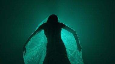 Karanlık bir sahnede tüyler ürpertici bir Cadılar Bayramı sahnesi, şeffaf bir duvakla örtülmüş ölü bir gelin figürü, ürkütücü yeşil ışıkla aydınlatılmış. Hayalet gelin korku, gizem ve doğaüstü bir atmosferi temsil ediyor..