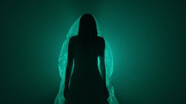 Karanlık bir sahnede tüyler ürpertici bir Cadılar Bayramı sahnesi, şeffaf bir duvakla örtülmüş ölü bir gelin figürü, ürkütücü yeşil ışıkla aydınlatılmış. Hayalet gelin korku, gizem ve doğaüstü bir atmosferi temsil ediyor..