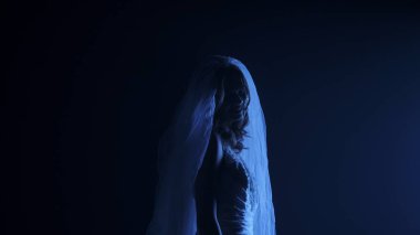 Karanlık bir sahnede tüyler ürpertici bir Cadılar Bayramı sahnesi, şeffaf bir duvakla kaplanmış ölü bir gelin figürü, ürkütücü bir mavi ışıkla aydınlatılmış. Hayalet gelin korku, gizem ve doğaüstü bir atmosferi temsil ediyor..