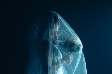 Karanlık bir sahnede tüyler ürpertici mavi bir ışık tarafından aydınlatılan şeffaf bir duvakla kaplanmış ölü bir gelin figürünün yer aldığı ürkütücü bir Cadılar Bayramı sahnesi. Hayalet gelin elinde bir buket tutuyor..