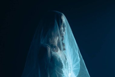 Karanlık bir sahnede tüyler ürpertici bir Cadılar Bayramı sahnesi, şeffaf bir duvakla kaplanmış ölü bir gelin figürü, ürkütücü bir mavi ışıkla aydınlatılmış. Gelinlik ve duvak giymiş bir hayaletin yan görüntüsü..