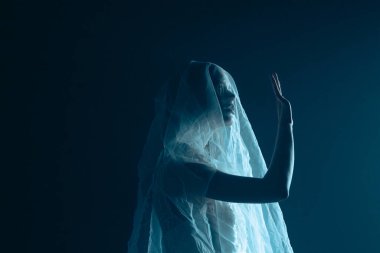 Karanlık bir sahnede tüyler ürpertici bir Cadılar Bayramı sahnesi, şeffaf bir duvakla kaplanmış ölü bir gelin figürü, ürkütücü bir mavi ışıkla aydınlatılmış. Gelinlik ve duvak giymiş bir hayaletin yan görüntüsü..