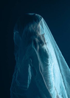 Karanlık bir sahnede tüyler ürpertici bir Cadılar Bayramı sahnesi, şeffaf bir duvakla kaplanmış ölü bir gelin figürü, ürkütücü bir mavi ışıkla aydınlatılmış. Gelinlik ve duvak giymiş bir hayaletin yan görüntüsü..