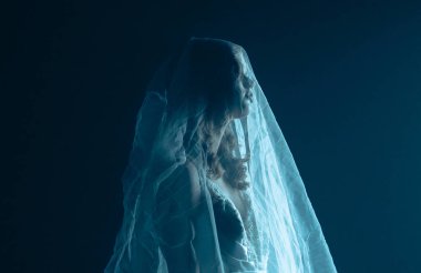 Karanlık bir sahnede tüyler ürpertici bir Cadılar Bayramı sahnesi, şeffaf bir duvakla kaplanmış ölü bir gelin figürü, ürkütücü bir mavi ışıkla aydınlatılmış. Gelinlik ve duvak giymiş bir hayaletin yan görüntüsü..